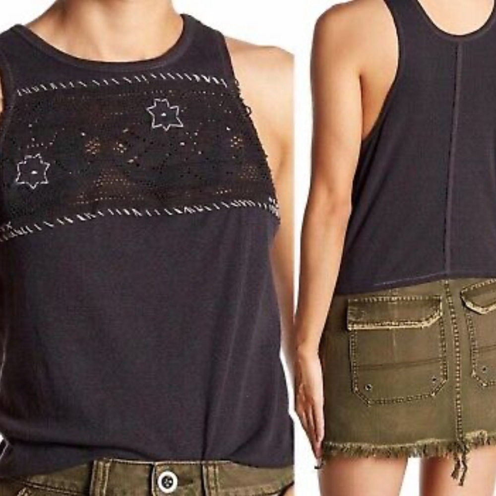 We the Free by Free People Gray Embroidered Window Tank Size Small - Picture 2 of 5
